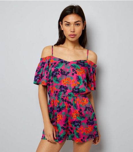 Pink Floral Print Cold Shoulder Playsuit | New Look