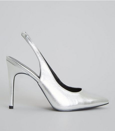 Wide Fit Silver Sling Back Pointed Heels | New Look