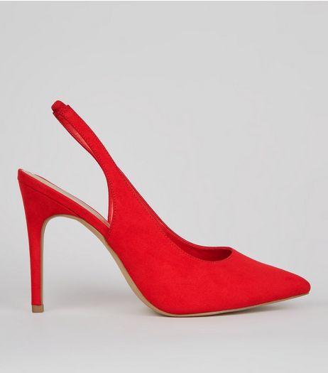 Wide Fit Red Suedette Pointed Sling Back Heels | New Look