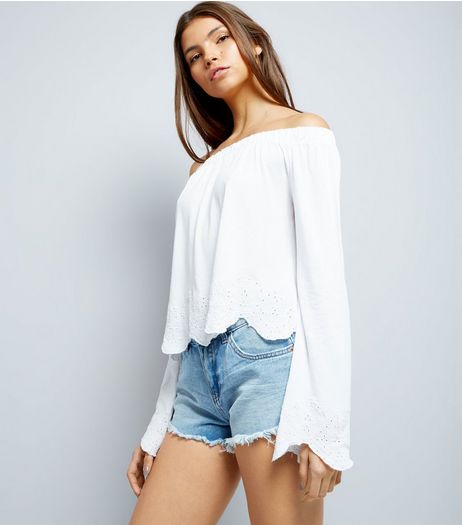White Cut Out Hem Bardot Neck Top | New Look