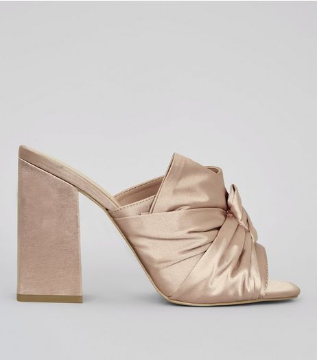 Wide Fit Pink Satin Twist Top Heeled Mules | New Look