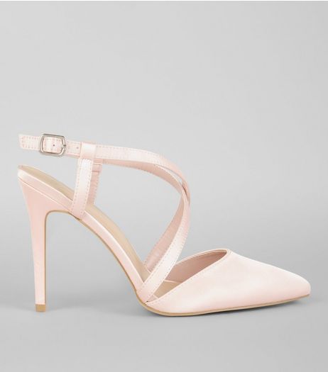 Wide Fit Pink Satin Cross Strap Pointed Heels | New Look