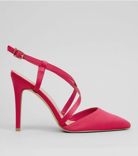 Wide Fit Pink Satin Cross Strap Pointed Heels | New Look