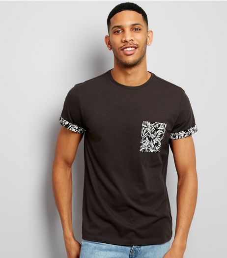 Grey Palm Print Pocket T-Shirt | New Look