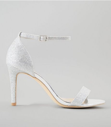 Wide Fit Silver Glitter Ankle Strap Heels | New Look