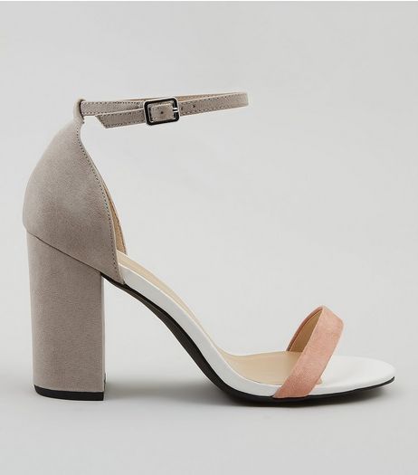 Wide Fit Grey Contrast Strap Block Heels | New Look