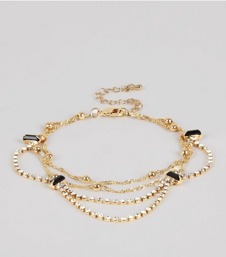 Gold Layered Drape Crystal Anklet | New Look