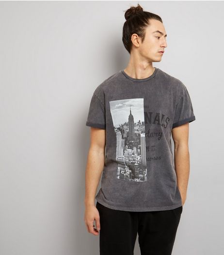 Grey Acid Wash Spliced Print T-Shirt | New Look