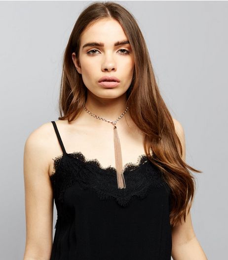 Rose Gold Diamante Tassel Drop Choker | New Look