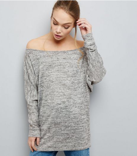 Pale Grey Brushed Bardot Neck Longline Top | New Look