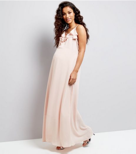 Maternity Shell Pink Chiffon Frill Trim Maxi Dress | New Look