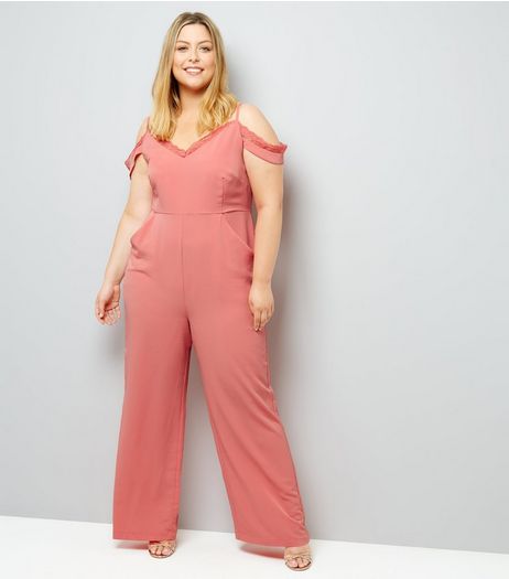 Curves Pink Lace Trim Cold Shoulder Playsuit | New Look
