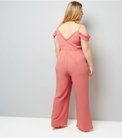 Curves Pink Lace Trim Cold Shoulder Playsuit | New Look