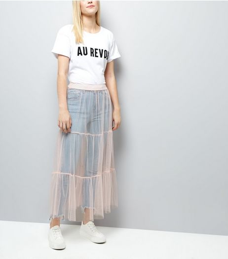 Shell Pink Mesh Tiered Midi Skirt | New Look