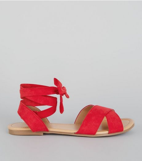 Teens Red Suedette Ankle Tie Sandals | New Look