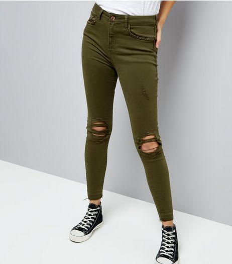 Khaki Studded Pocket Ripped Skinny Jenna Jeans | New Look