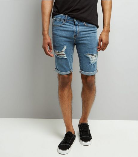 Blue Ripped Slim Leg Denim Shorts | New Look