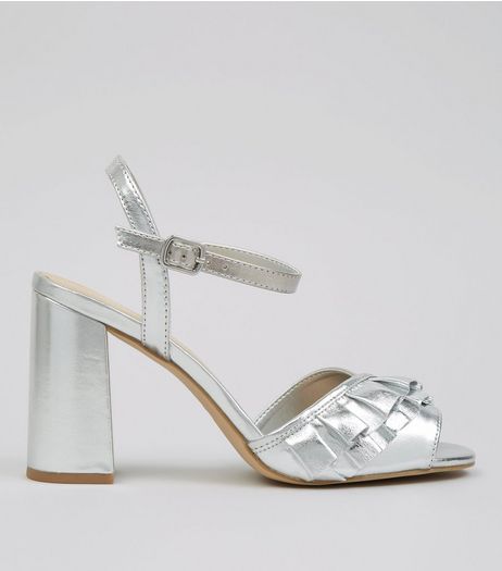Silver Metallic Frill Strap Block Heels | New Look