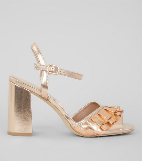 Rose Gold Metallic Frill Trim Block Heels | New Look