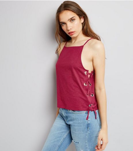Pink Eyelet Lace Up Side Vest | New Look