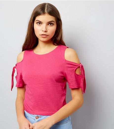 Bright Pink Cold Shoulder Tie Sleeve T-Shirt | New Look