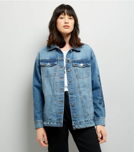 Noisy May Blue Patchwork Stud Trim Denim Jacket | New Look