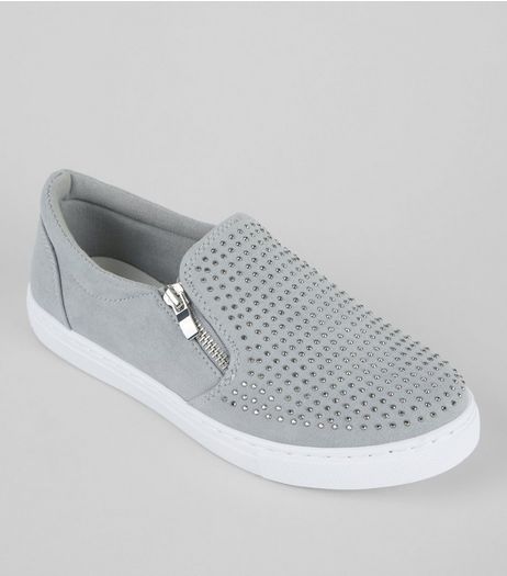 Teens Grey Suedette Diamante Zip Side Plimsolls | New Look