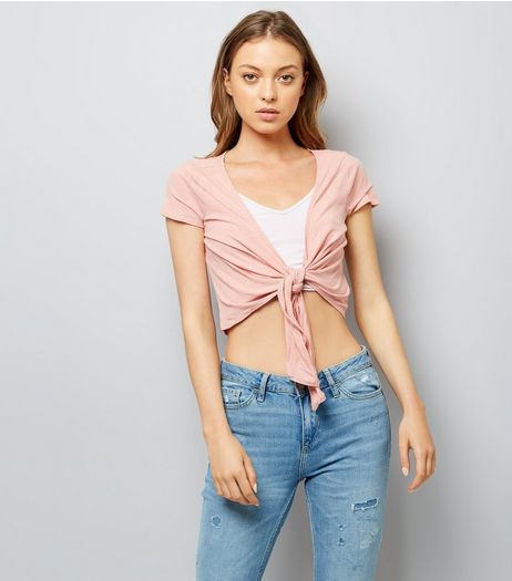 Pink Ribbed Tie Up Cropped T-Shirt | New Look