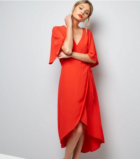 Red 1/2 Sleeve Wrap Front Midi Dress | New Look