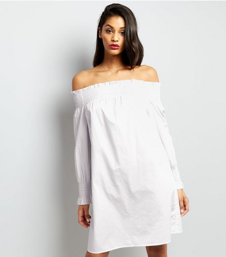 White Shirred Bardot Neck Dress | New Look