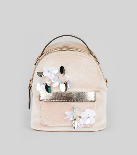 Pink Velvet Embellished Flower Mini Backpack | New Look