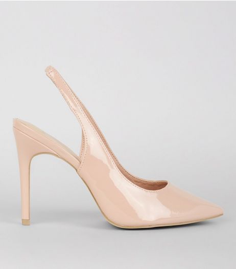 Wide Fit Nude Pink Patent Pointed Sling Back Heels | New Look