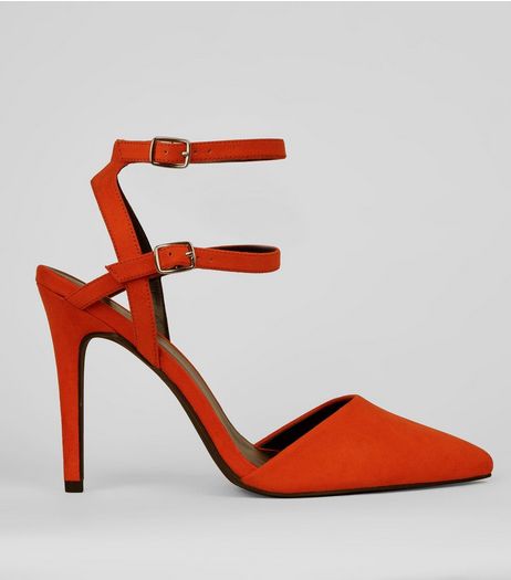 Wide Fit Orange Suedette Double Strap Pointed Heels | New Look
