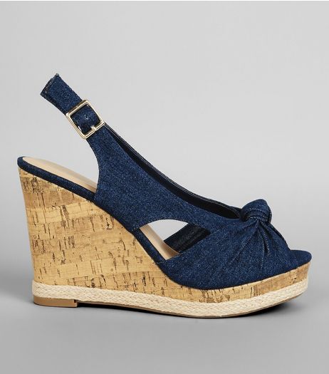 Wide Fit Blue Denim Knot Front Wedge Heels | New Look