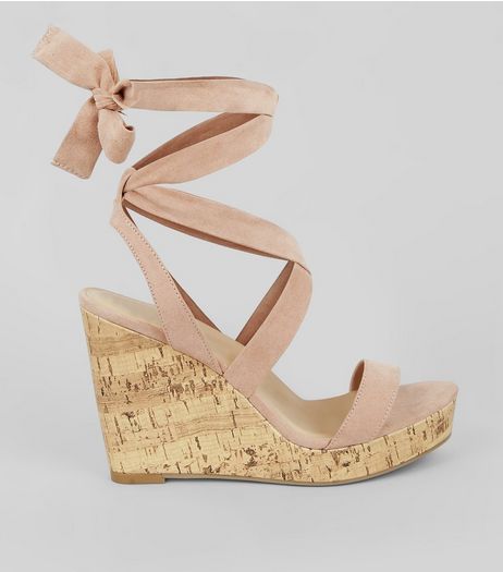 Wide Fit Nude Pink Ankle Tie Heeled Wedge Sandals | New Look