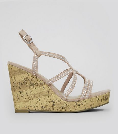 Wide Fit Pink Diamante Cork Wedge Heels | New Look