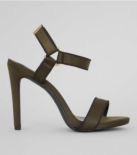 Khaki Satin Velcro Strap Heeled Sandals | New Look