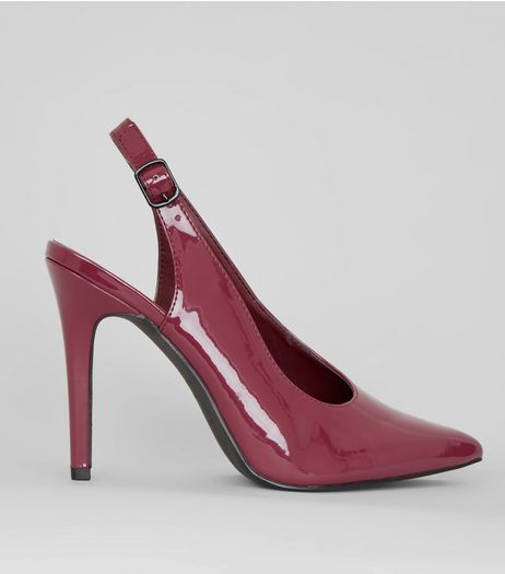 Dark Red Patent Pointed Sling Back Heels | New Look