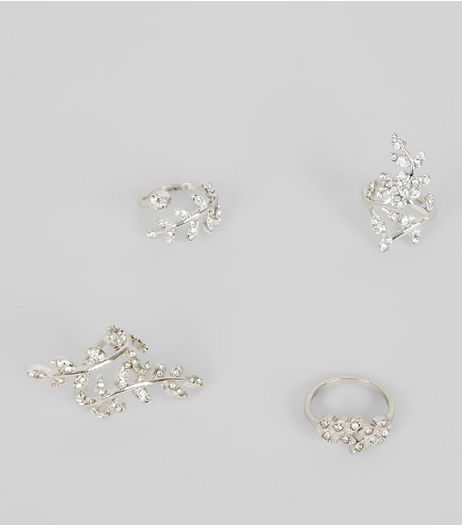 4 Pack Silver Crystal Leaf Wrap Rings | New Look