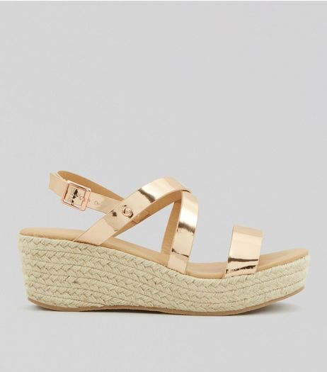 Rose Gold Platform Espadrille Wedge Heels | New Look