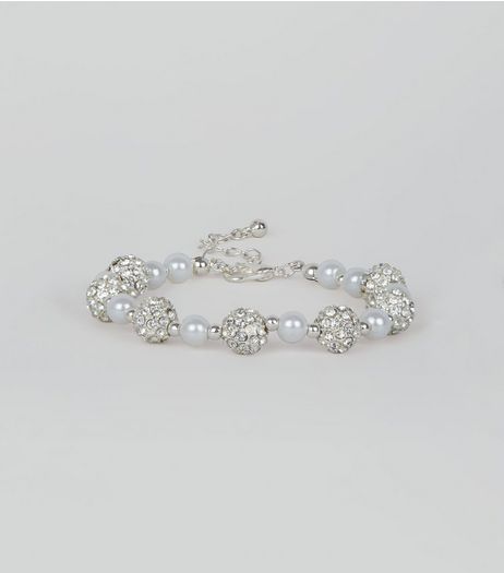 Silver Diamante and Pearl Bead Bracelet | New Look