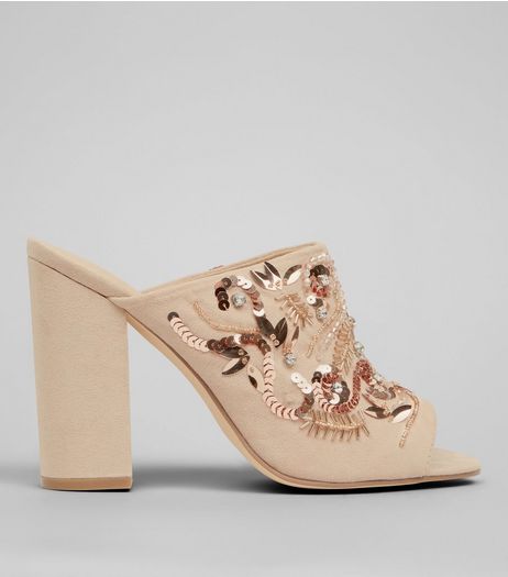 Nude Embellished Block Heeled Mules | New Look
