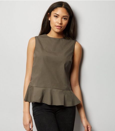 Khaki Frill Peplum Hem Sleeveless Top | New Look