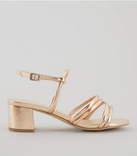 Wide Fit Rose Gold Multi Strap Low Block Heeled Sandals | New Look