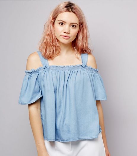 Blue Shirred Cold Shoulder Bardot Neck Top | New Look