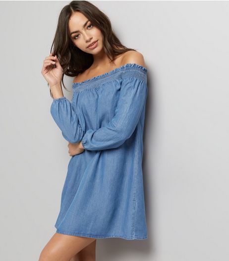 Blue Shirred Bardot Neck Dress | New Look