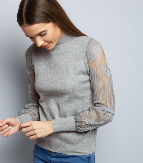 Cameo Rose Grey Lace Sleeve Jumper | New Look