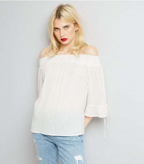 Cream Tie Sleeve Bardot Neck Top | New Look