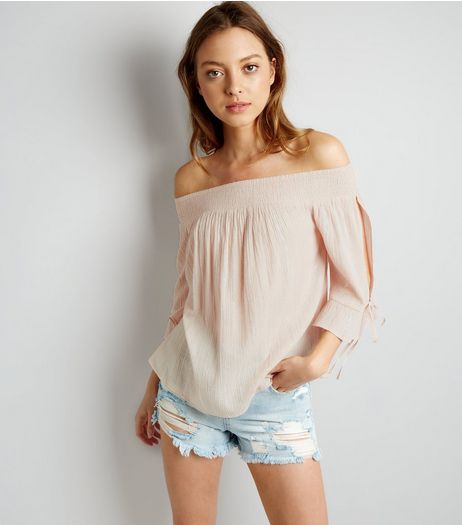 Shell Pink Tie Sleeve Bardot Neck Top | New Look