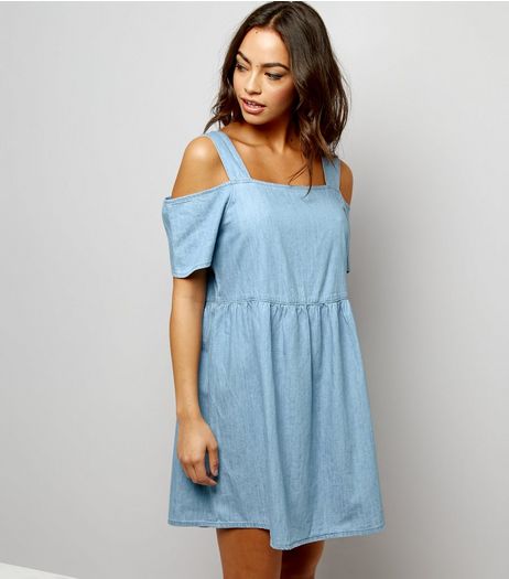 Blue Cold Shoulder Denim Smock Dress | New Look